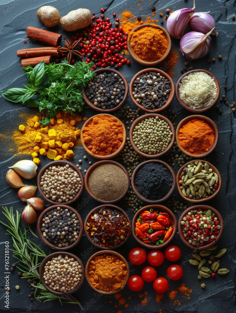 Colorful aromatic Indian spices and herbs on dark background.