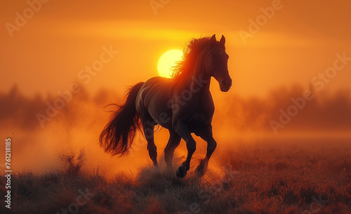 Wild horse running in the field against beautiful sunset
