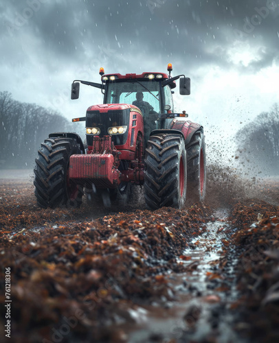 Tractor working in the field in rain storm.
