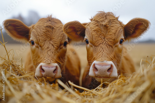 Two cute calfs are sitting in the hay photo