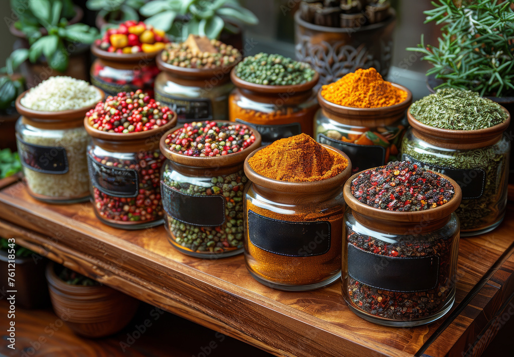 Spices and herbs on the counter in the store Spices and herbs on the counter in the store