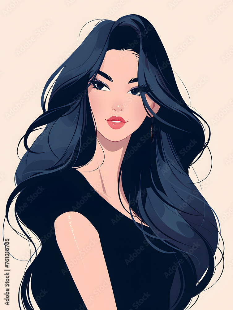 beautiful woman illustration with long black hair,Generative AI beautiful woman illustration with long black hair,Generative AI