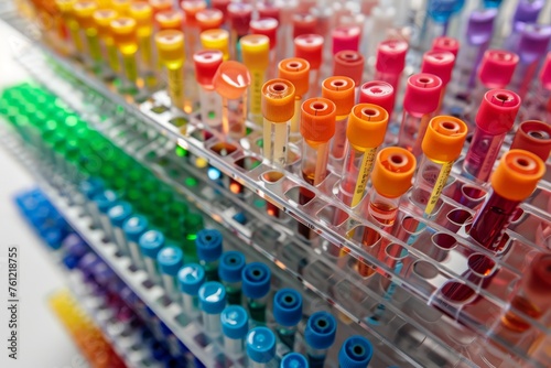 Rainbow Laboratory Test Tubes, Blurred Background, Color Laboratory Test Tubes on Rack, Research Lab