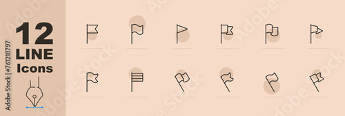 Flag icon set. Coat of arms, country, anthem, banner, symbol, flagpole, pole, ship. Pastel color background. Vector line icon for Business