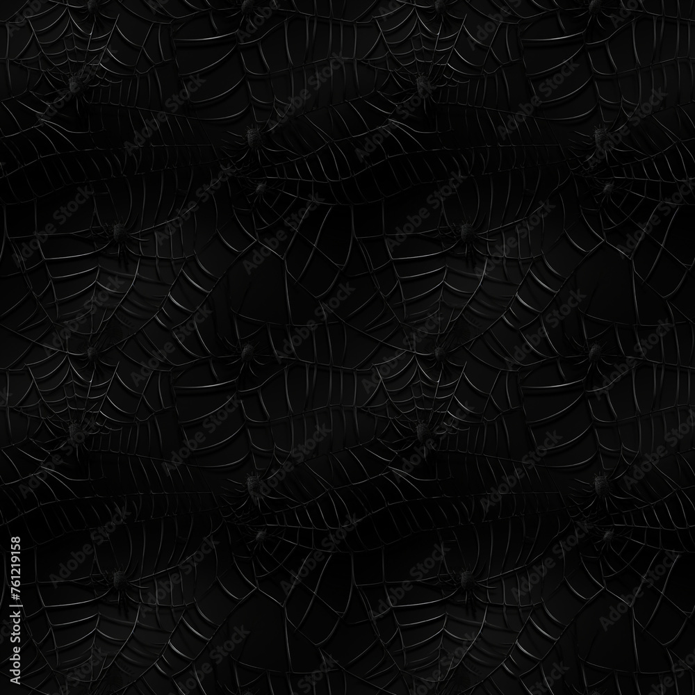 Black Creepy Seamless Pattern with Black Widow Spider, Dark Horror Mockup, Scary Cobweb Tile