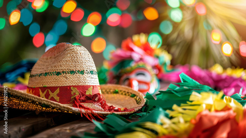 A brightly decorated Mexican sombrero with a colourful festive background during Cinco de Mayo.