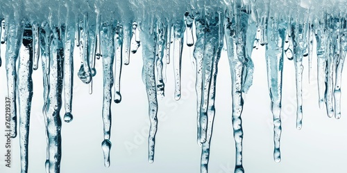Dripping Icicles on Blue Background, Many Melting Icicles, Clean Water Falling Down from Icicles