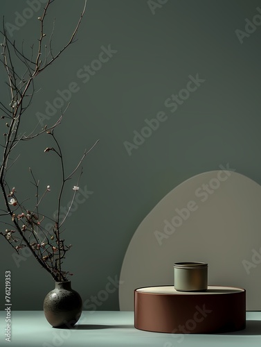 Classic zen environment, with blank space on podium mockup for product photography, with tea tin at the center of scene,classical China and cinema style,chinese style 