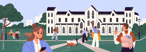 Students walk, study on lawn, meeting with friends in university park. College or high school building with grass yard. People communicate, rest outdoor, in academic garden. Flat vector illustration