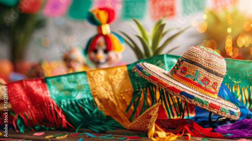 A festive setup with a decorated sombrero, lights, and traditional Mexican crafts.