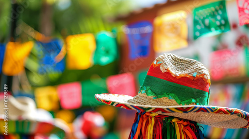A brightly decorated Mexican sombrero with a colourful festive background during Cinco de Mayo.