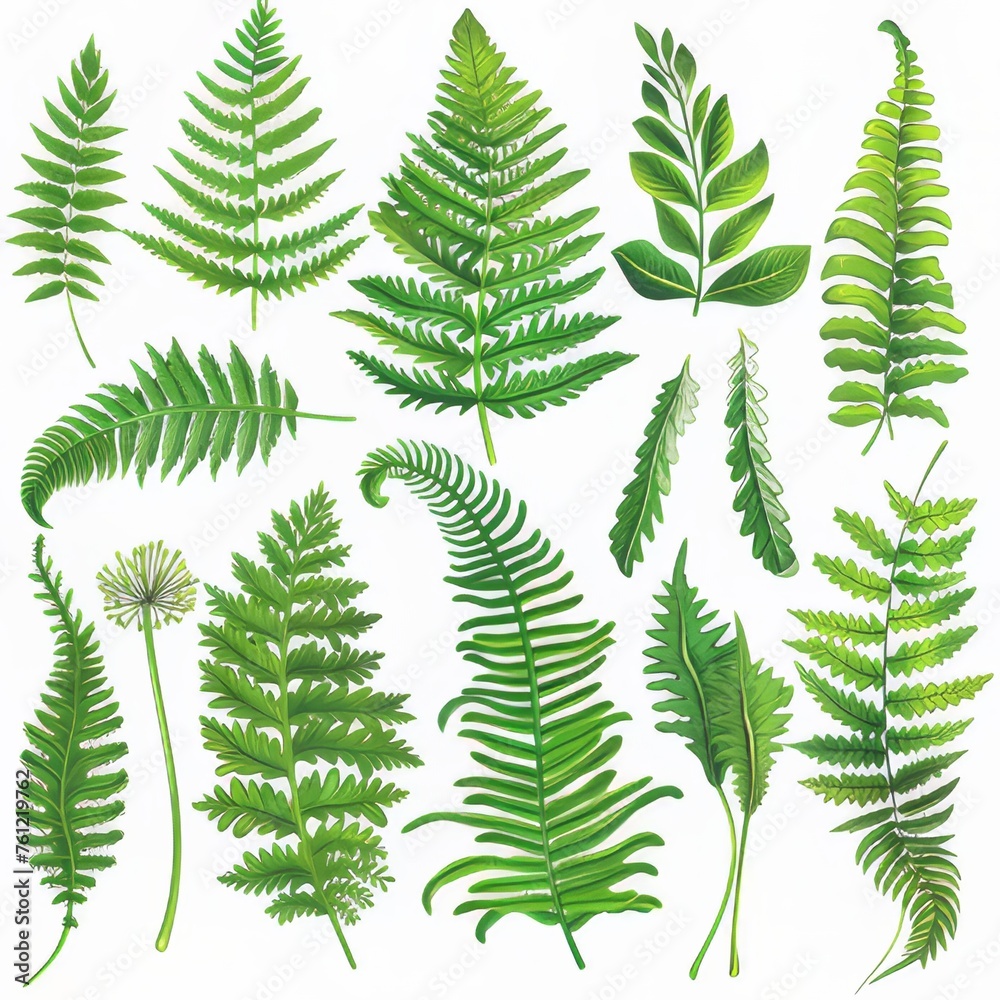 Clipart illustration with various fern leaf on a white background