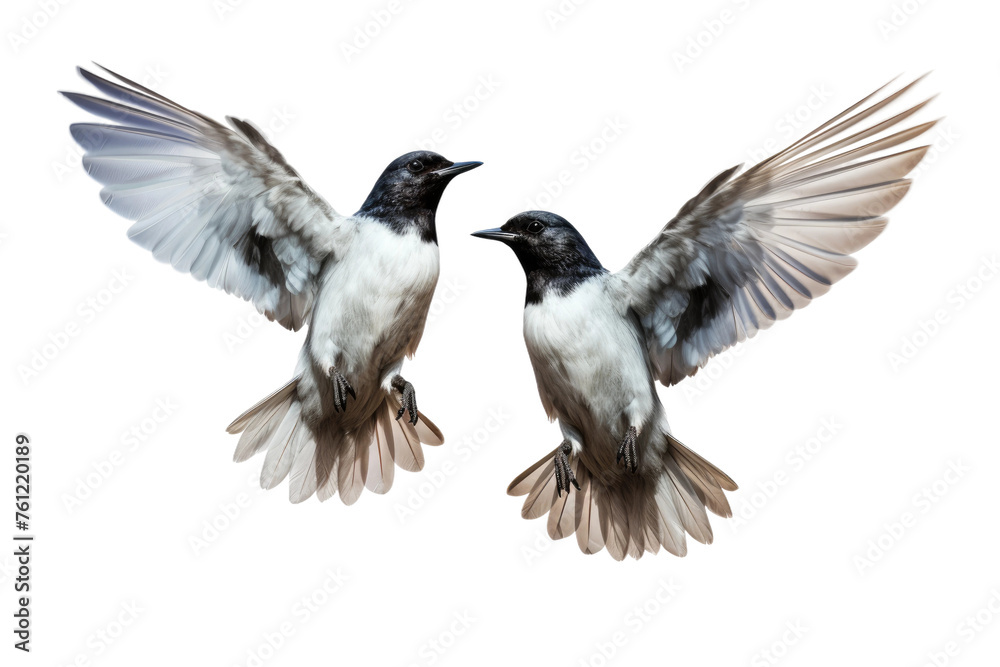 Fototapeta premium Two Black and White Birds Flying Next to Each Other. On a White or Clear Surface PNG Transparent Background.