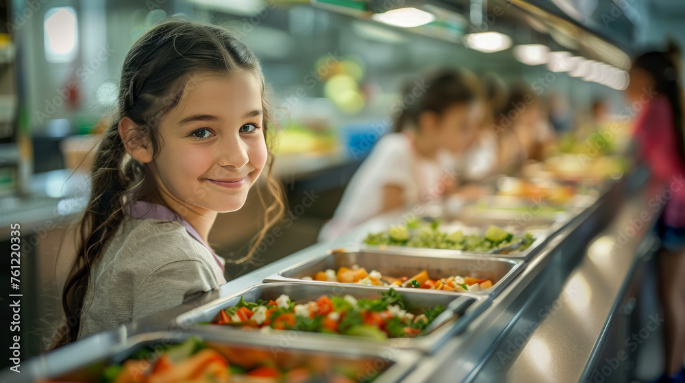 An offer of vegetable salads in the school canteen, a young schoolgirl smiles contentedly over them