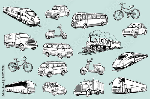 Set of hand drawn black and white illustrations on theme of Means of transport