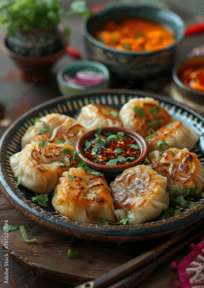 Traditional chinese dumplings served on plate with soy sauce and chili pepper Traditional chinese dumplings served on plate with soy sauce and chili pepper