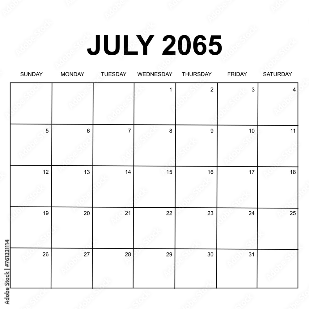 july 2065. monthly calendar design. week starts on sunday. printable, simple, and clean vector design isolated on white background. - obrazy, fototapety, plakaty 