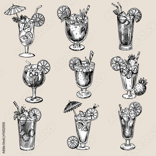 Set of hand drawn black and white illustrations on theme of Cocktails