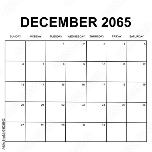 december 2065. monthly calendar design. week starts on sunday. printable, simple, and clean vector design isolated on white background.