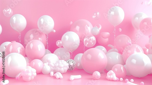 pink background 3d illustration for a girl's birthday with balloons, stars and white clouds 