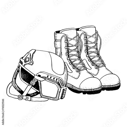 Tactical army boots and soldier helmet hand drawn black and white vector illustration for military and combat designs. Infantry shoes and uniform