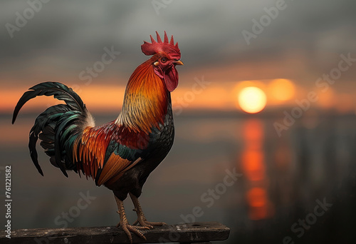 Rooster standing on fence at sunset photo