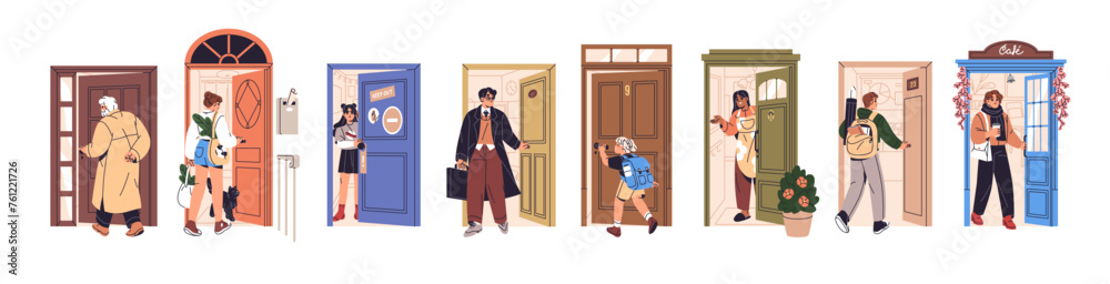 People open, close doors set. Entrances to room, cafe. Woman comes home, man goes to work, child enters to house. Characters exit, leaving, enter apartment. Flat isolated vector illustration on white - obrazy, fototapety, plakaty 