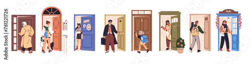 People open, close doors set. Entrances to room, cafe. Woman comes home, man goes to work, child enters to house. Characters exit, leaving, enter apartment. Flat isolated vector illustration on white photo