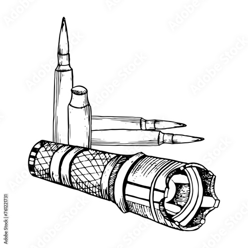 Tactical military flashlight and bullets for rifles black and white vector illustration. Army soldier equipment ink sketch