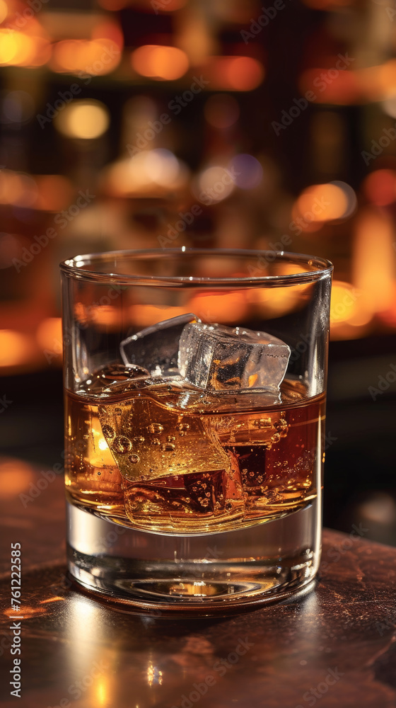 Glass of whiskey with ice cubes on the wooden table