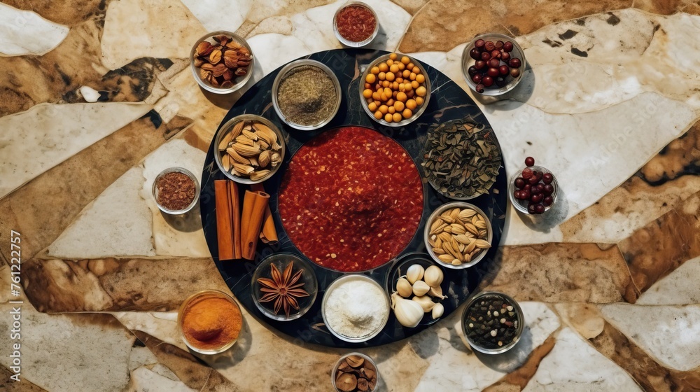 Spices. Photo of fresh herbs. Assortment of fresh and dried seasonings and herbs on a marble background. Spices. Photo of fresh herbs. Assortment of fresh and dried seasonings and herbs on a marble background.