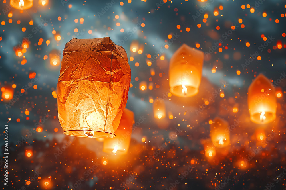 Sky lanterns drift upward into the evening sky, creating a magical spectacle with a mesmerizing glow Sky lanterns drift upward into the evening sky, creating a magical spectacle with a mesmerizing glow
