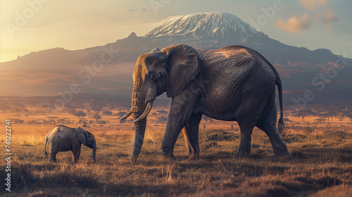 Impressive view of mother elephant with her baby on grassy african savannah with massive snow-capped mountain in background