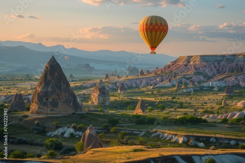 Surreal view of Cappadocia, Turkey with hot air balloons. Help create stunning scenes.