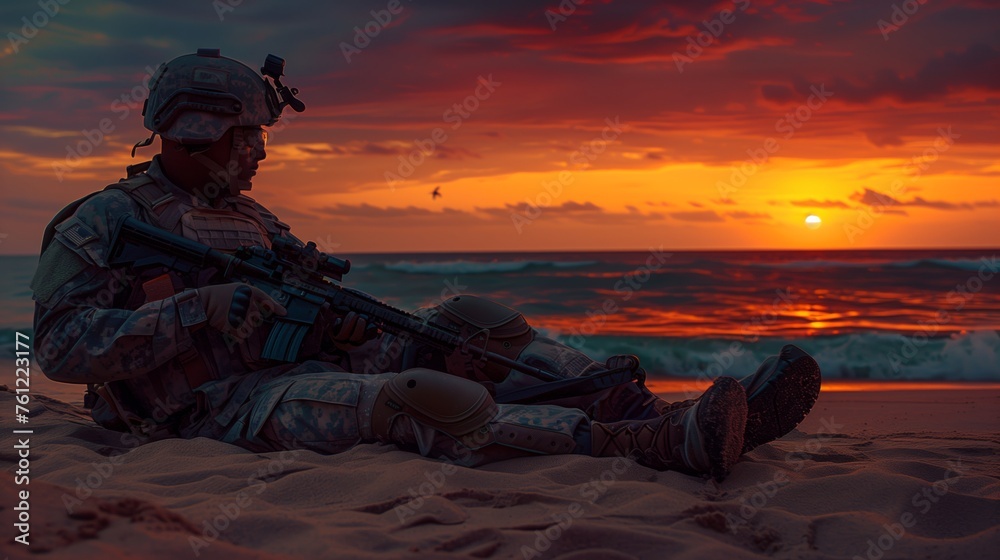Obraz premium Fallen Soldier's Boots, Rifle and Helmet at Sunset