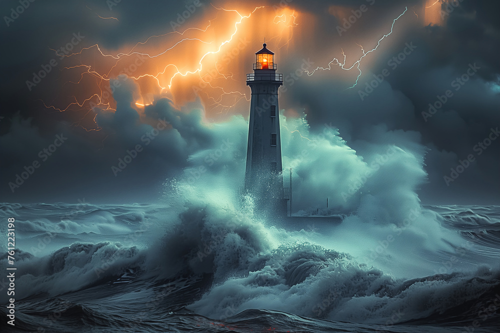 Dramatic image of an illuminated lighthouse facing a fierce storm with lightning striking in the dark skies above