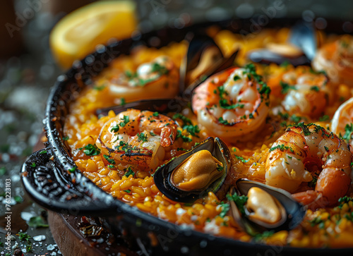 paella in a pan with seafood and mussels