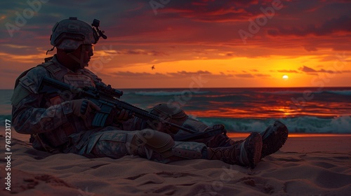 Fallen Soldier's Boots, Rifle and Helmet at Sunset photo