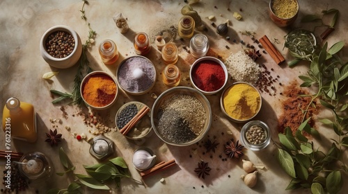 Spices. Photo of fresh herbs. Assortment of fresh and dried seasonings and herbs on a marble background.