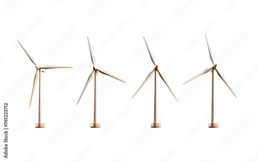 Row of Wind Turbines on White Background. On a White or Clear Surface PNG Transparent Background. Row of Wind Turbines on White Background. On a White or Clear Surface PNG Transparent Background.