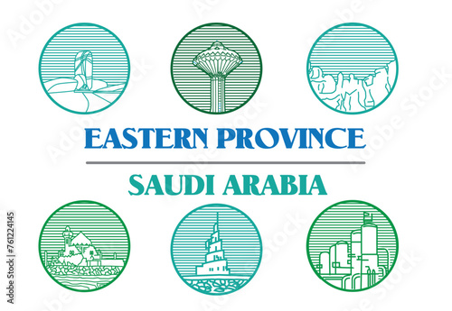 Eastern Province Saudi Arabia landmarks icons in linear clip art. Editable Clip Art.