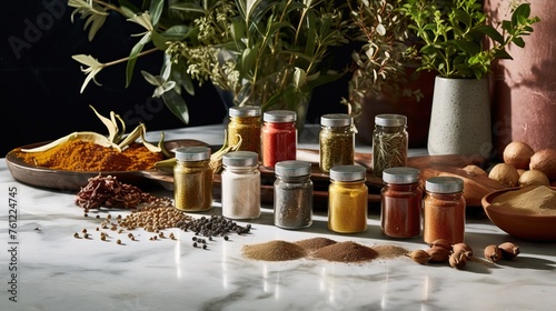 Spices. Photo of fresh herbs. Assortment of fresh and dried seasonings and herbs on a marble background.