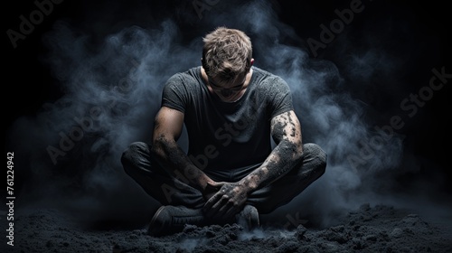 Man alone in the dark, dust, solitude, war, depression, smoke, black background.