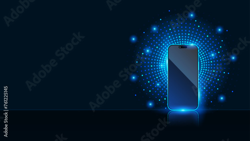 Smartphone with neon small round dots background. Small circle light surrounds cell phone. Abstract digital device interface technology. High tech concept with mobile phone. Vector.