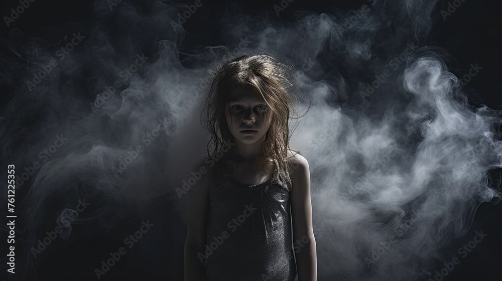 Girl alone in the dark, solitude, war, depressione, smoke, black background. Girl alone in the dark, solitude, war, depressione, smoke, black background.