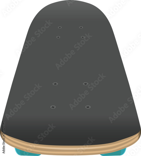 Skateboard plywood deck with blue wheels angled top front view isolated vector illustration