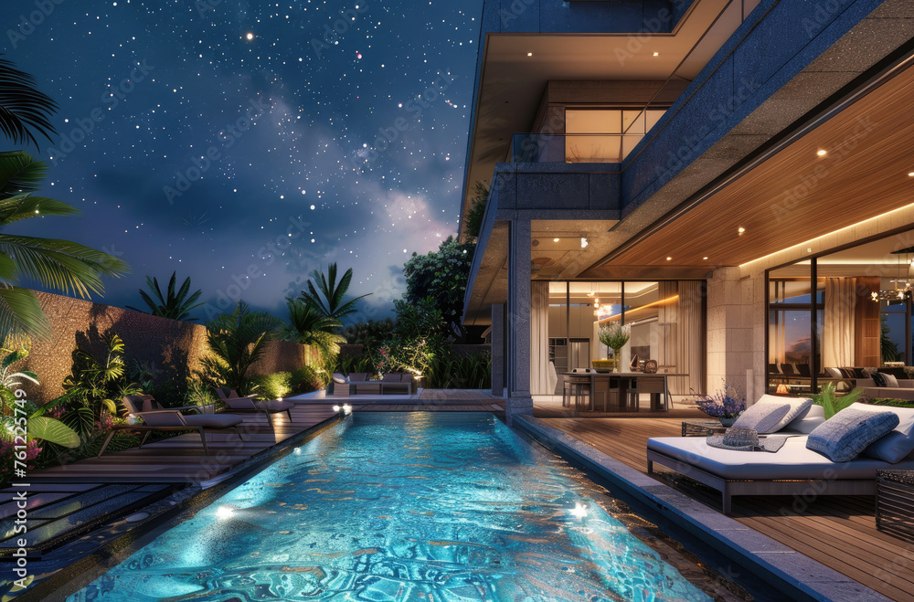 Beautiful modern luxury villa with swimming pool and outdoor furniture at night in Bali, India. With stars in the sky