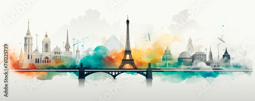 captivating painting showcasing Eiffel Tower standing tall heart of Paris, illuminated against a twilight sky. iconic landmark sparkles lights, emanating sense of romance elegance. Banner. Copy space