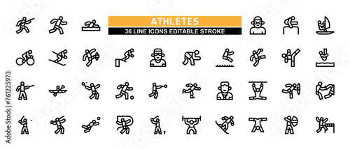 36 Athletes Line Icons Set Pack Editable Stroke Vector Illustration.