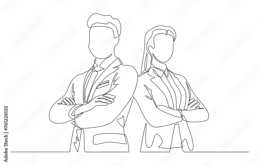 Continuous one line drawing of businessman and businesswoman standing together and crossing arms, business teamwork, partnership concept, single line art.